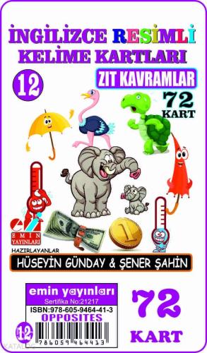 İngilizce 12. Zıt Kavramlar / Resimli Kelime Kartları 72Kart | benliki